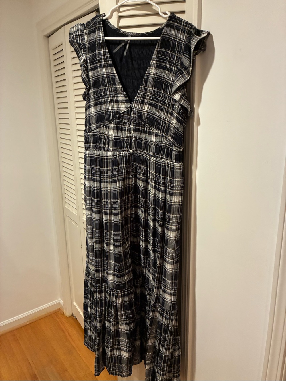 Anthropologie Black and White Plaid Maxi Dress with Ruffle Cap Sleeves